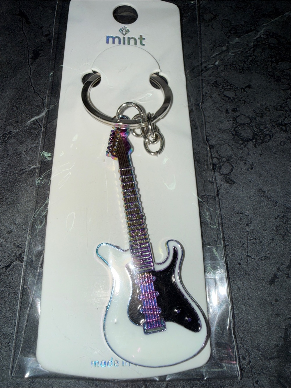 Mint Iridescent Metal Guitar Keychain - White & Multicolor